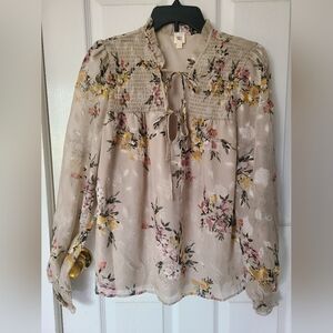 Floral Sheer Blouse with Smocked Detail